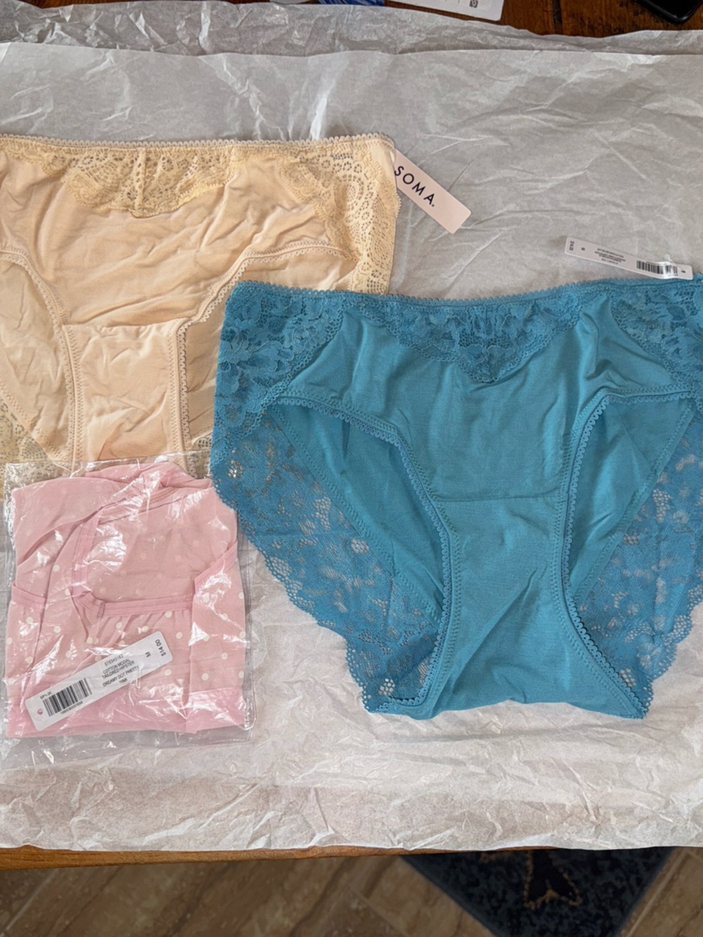 LOT of 3 SOMA COTTON MODAL LACE TRIM HIPSTER PANTIES IN DOT/BLUE/SAND SZ MEDIUM